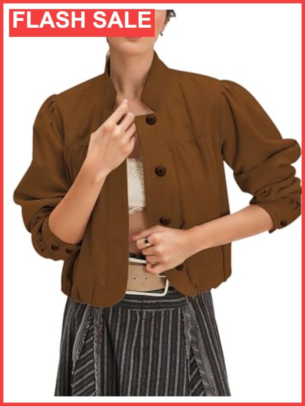 Faux Suede Cropped Bomber Jacket Button Down Casual Coat with Pockets